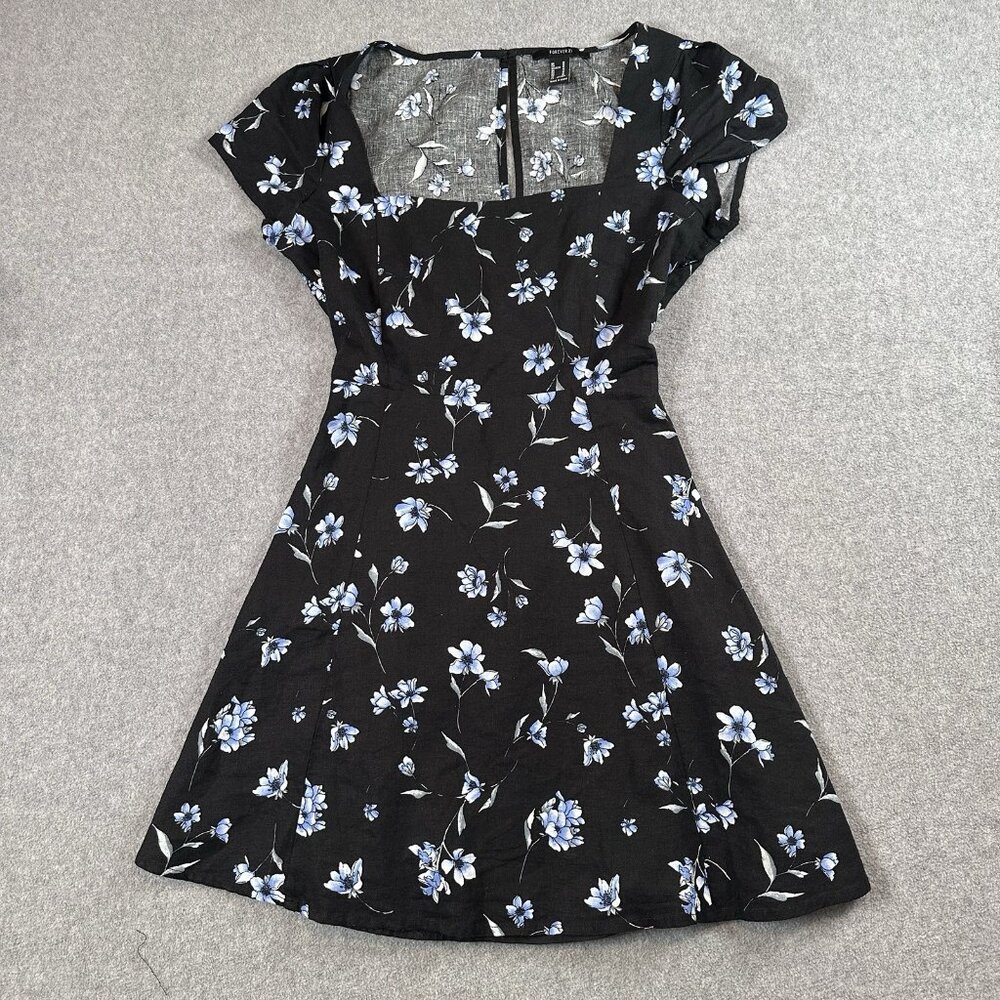Floral Mini Dress Womens M Black Blue Fit Flare Cutout Back Square Neck - Picture 2 of 12